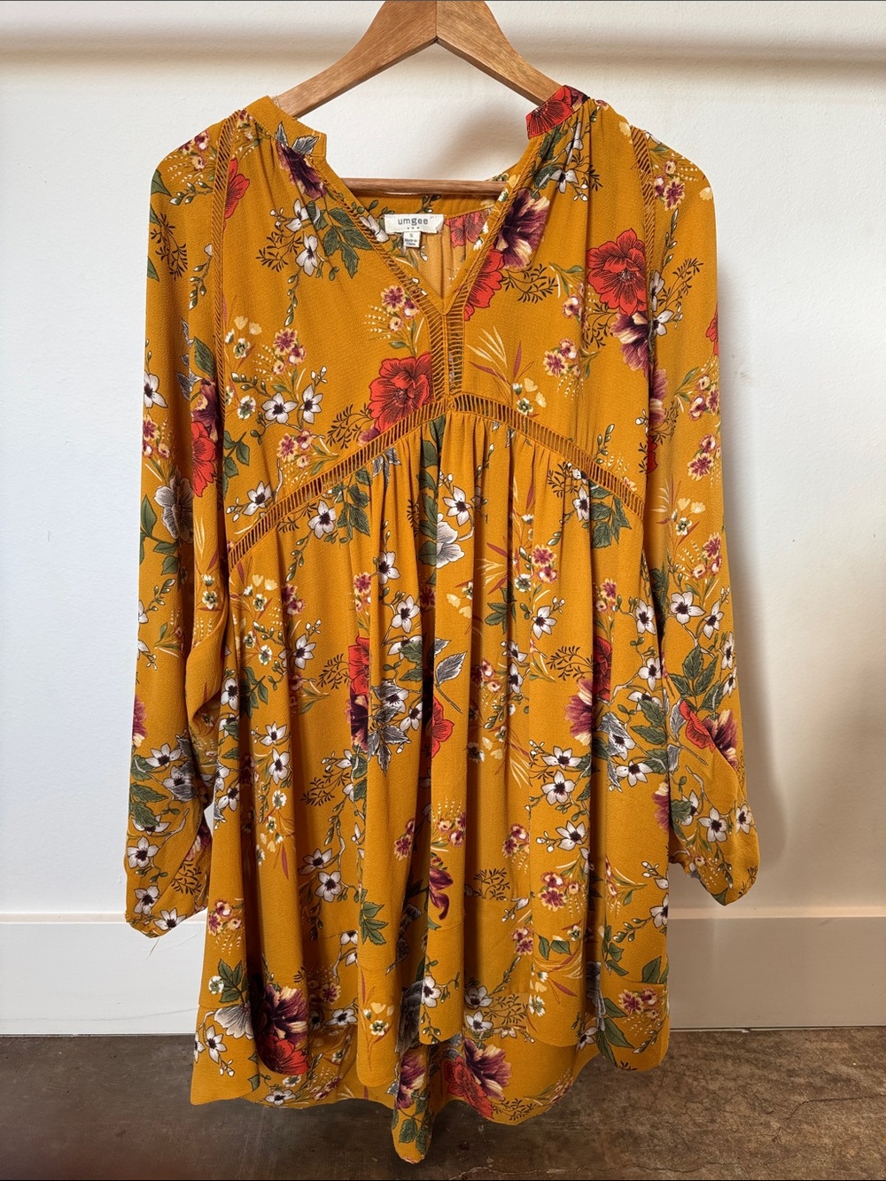 Umgee Mustard Floral V-Neck Long Sleeve Dress